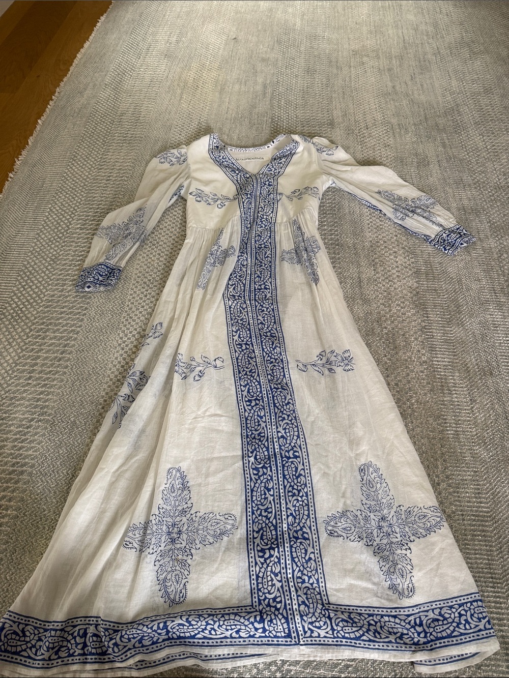 Alix Of Bohemia White Maxi Dress with Blue Embroidered Trim